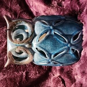Blue Ceramic Owl, Illuminates By Battery Powered Candle